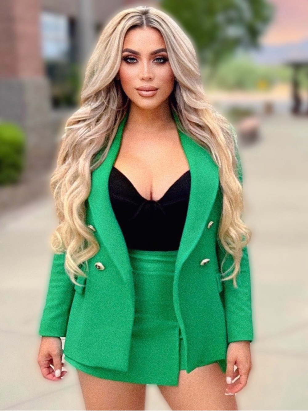 Green Double-Breasted Blazer & Mini Skirt Set with Black Bodysuit
